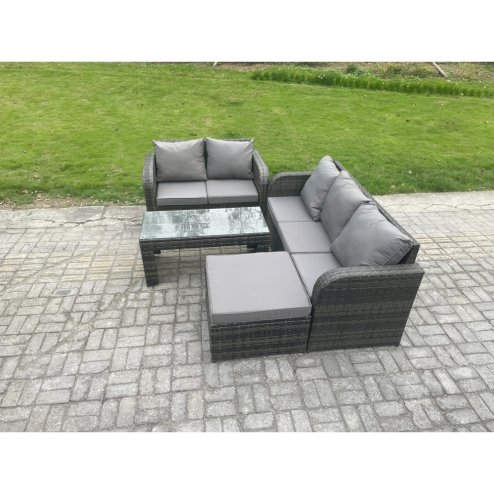 Fimous Outdoor Rattan Garden Furniture Set Patio Lounge Sofa Set with Rectangular Coffee Table Big Footstool Dark Grey Mixed