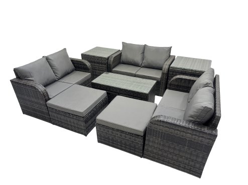 Fimous 3 Seater Sofa Reclining Chair Coffee Table Set Rattan Garden Outdoor Furniture Set with 2 Side Table 2 Big Footstools Dark Grey Mixed
