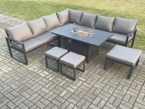 Fimous Aluminium Lounge Corner Sofa Outdoor Garden Furniture Sets Gas Fire Pit Dining Table Set with 3 Footstools Dark Grey