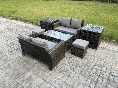 Fimous High Back Rattan Garden Furniture Sofa Sets with Rectangular Coffee Table 2 Side Tables 2 Small Footstools Dark Grey Mixed