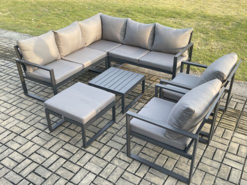 Fimous Outdoor Garden Furniture Set Aluminium Lounge Sofa Square Coffee Table Sets with 2 Pcs Chair Big Footstool Indoor Conservatory Set Dark Grey