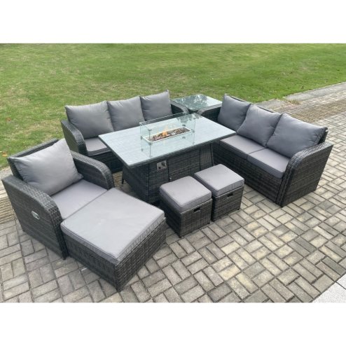 Fimous 10 Seater Wicker Rattan Garden Furniture Set Gas Fire Pit Dining Table Reclining Chair 3 Seater Sofa Set Indoor Outdoor with Side Table 3 Footstools