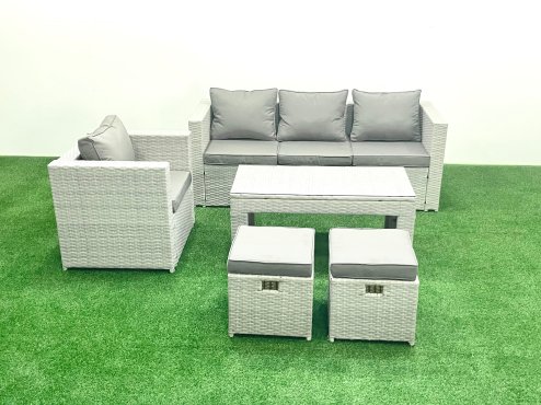 Fimous Rattan Garden Furniture Set 5 Pieces Outdoor Garden Sofa Oblong Coffee Table Set with Chair 2 Small Footstools Light Grey Mixed