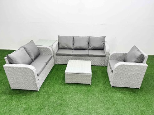 Fimous Patio PE Wicker 6 Seater Outdoor Rattan Furniture Sofa Sets with Square Coffee Table Reclining Chair Loveseat Sofa 3 Seater Sofa Side Table Light Grey