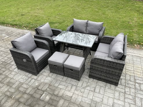 Fimous Wicker PE Rattan Garden Dining Set Outdoor Furniture Sofa with Rectangular Dining Table 2 Small Footstool Dark Grey Mixed