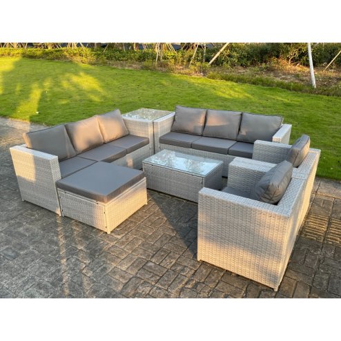 Fimous 9 Seater Light Grey Outdoor PE Rattan Garden Furniture Set Sofa Set Coffee Table Footstool 2 Armchair