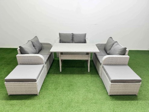 Fimous 8 Seater PE Wicker Rattan Furniture Sofa Sets with Rectangular Dining Table 2 Seater Love Sofa 2 Big Footstool Light Grey