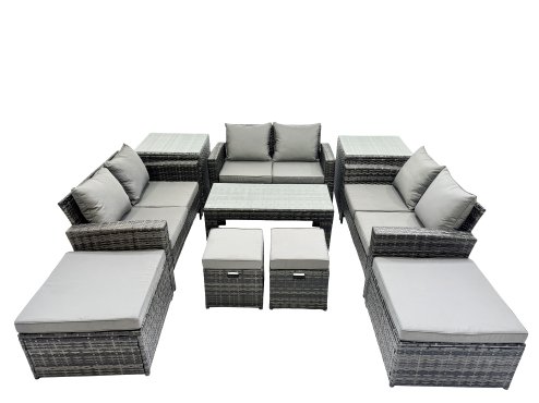 Fimous Outdoor Love Sofa Set 10 Seat Rattan Garden Furniture Set with Oblong Coffee Table 4 Stools 2 Side Table Dark Grey Mixed