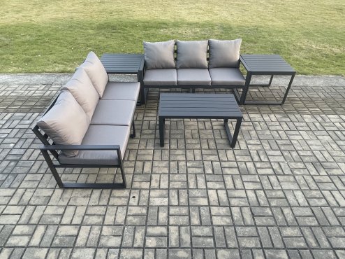 Fimous Aluminium 5 Pieces Outdoor Garden Furniture Lounge Sofa Set with Oblong Coffee Table 2 Side Tables Dark Grey