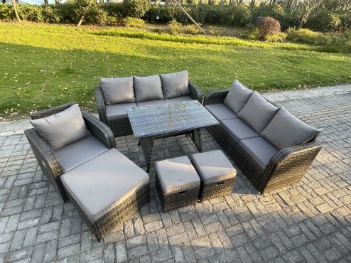 Fimous Wicker 7 Pieces Rattan Garden Furniture Sofa Set with Rectangular Dining Table Armchair 3 Footstools Dark Grey Mixed