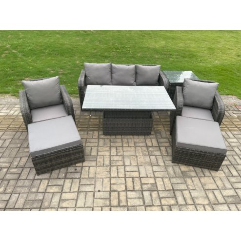 Fimous Outdoor Rattan Furniture Garden Dining Sets Height Adjustable Rising lifting Table Sofa Set With Chairs Side Tables 2 Big Footstools