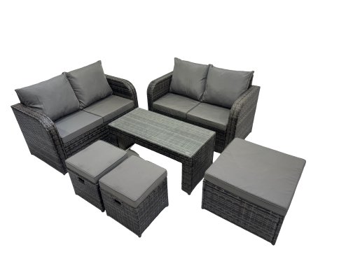 Fimous 3 Seater Sofa Reclining Chair Coffee Table Set Rattan Garden Outdoor Furniture Set with 3 Stools Dark Grey Mixed