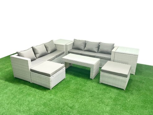 Fimous 8 Seater Garden Outdoor Rattan Furniture Set Rattan Garden Sofa Oblong Coffee Table with 2 Big Footstools 2 Side Tables Light Grey Mixed