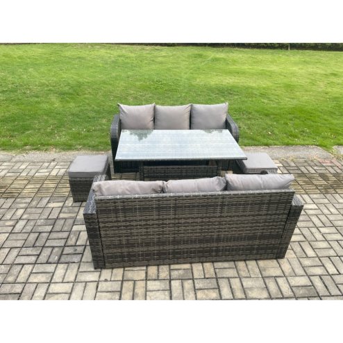 Fimous Patio Rattan Garden Furniture Set with Oblong Rectangular Dining Table 2 Small Footstools 8 Seater Outdoor Lounge Sofa Set Dark Grey Mixed