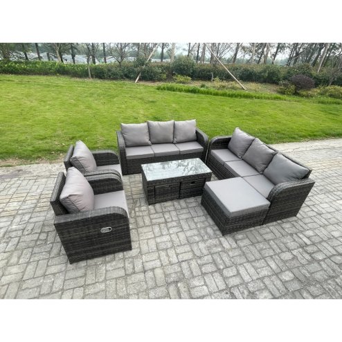 Fimous 11 Seater Wicker PE Rattan Sofa Set Outdoor Patio Garden Furniture with 2 Reclining Chairs Coffee Table 3 Footstools Dark Grey Mixed