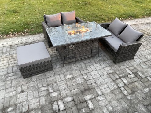 Fimous 4 Pieces Garden Furniture Sets Poly Rattan Outdoor Patio Gas Firepit Dining Table Sofa Set with Big Footstool