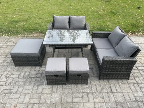 Fimous 7 Seater Garden Dining Set Wicker PE Rattan Outdoor Furniture Sofa with Rectangular Dining Table Double Seat Sofa 3 Footstools Dark Grey Mixed
