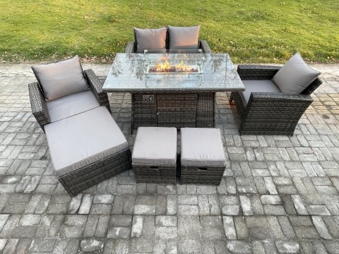 Fimous 7 Seater?Outdoor Rattan Sofa Set Garden Furniture Gas Firepit Dining Table Heater with 3 Footstools Dark Grey Mixed
