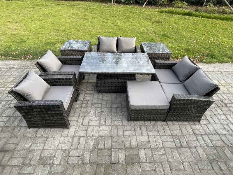 Fimous Rattan Garden Furniture Sets Patio Outdoor Rising Lifting Table Sofa Set with Double Seat Sofa 2 Side Tables Big Footstool Dark Grey Mixed