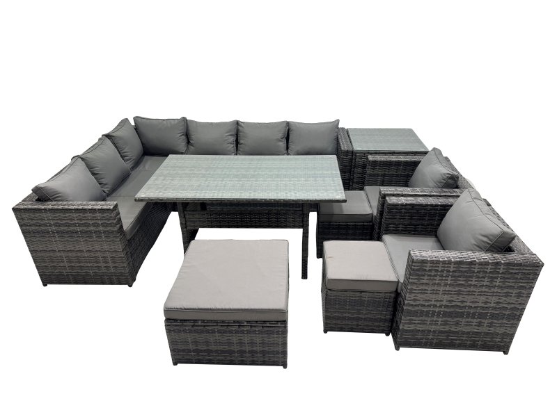 Fimous Outdoor PE Rattan Sofa Set with Dining Table Patio Garden Furniture Sets with 3 Stool Side Table Dark Grey Mixed