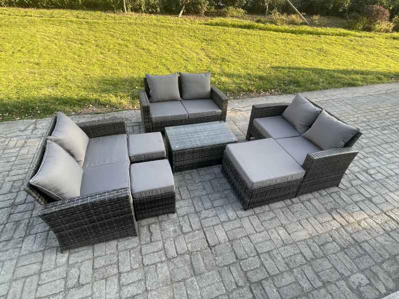 Fimous 7pc Rattan Sofa Garden Furniture Outdoor Patio Set with 3 Footstools Double Seat Sofa Dark Grey Mixed