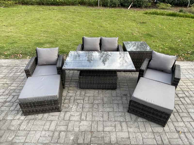 Fimous High Back Rattan Garden Furniture Sofa Sets with Height Adjustable Rising Lifting Table Side Table 2 Big Footstool Dark Grey Mixed
