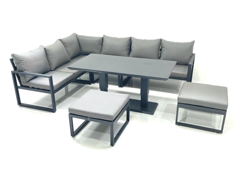 Fimous Aluminum Outdoor Garden Furniture Set Corner Sofa 2 Big Footstools Adjustable Rising Lifting Dining Table Sets Dark Grey