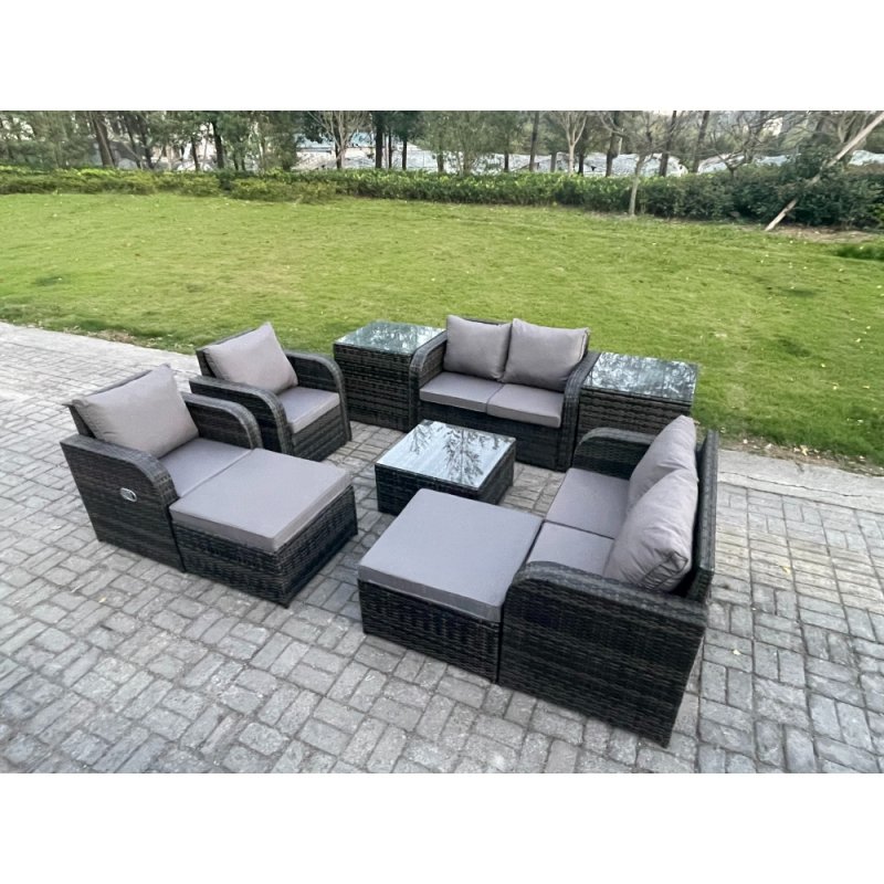 Fimous Garden Furniture Set Rattan Outdoor Lounge Sofa Chair With Tempered Glass Table 2 Big Footstool 2 Side Tables Dark Grey Mixed