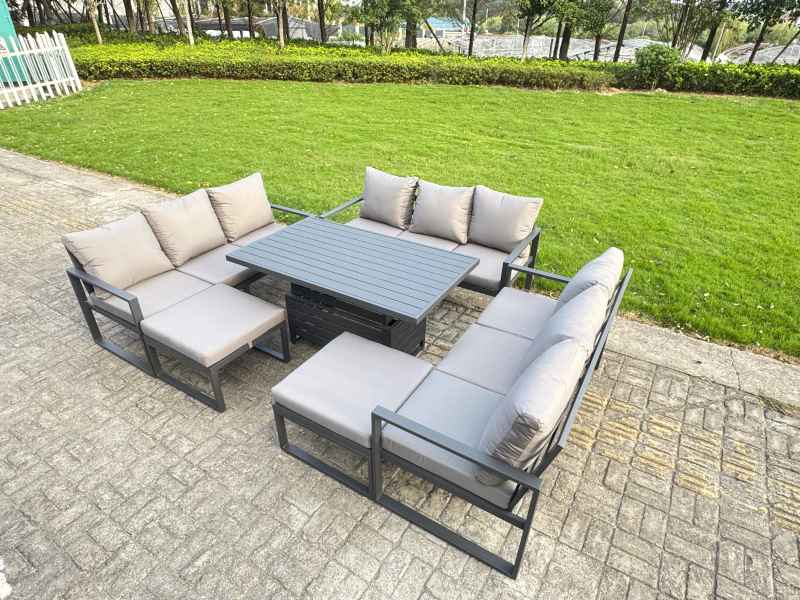 Fimous U-shaped Garden Furniture Set 11-Seater Aluminium Outdoor Dining Set with Adjustable Rising Lifting Dining Table 2 Side Tables 2 Small Footstools Dark Grey