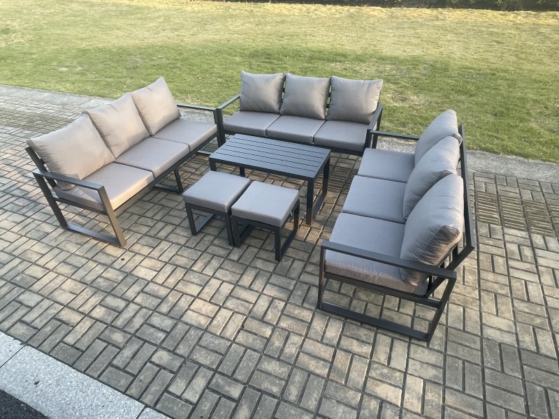 Fimous Aluminium 11 Seater Outdoor Garden Furniture Set Lounge Sofa Oblong Coffee Table 2 Small Footstools Sets with Cushions Dark Grey