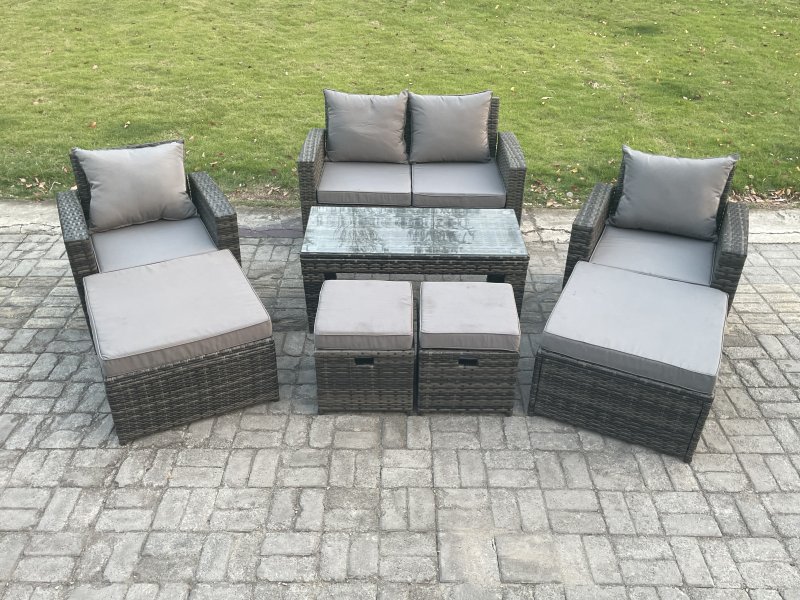 Fimous High Back Rattan Garden Furniture Sofa Sets with Rectangular Coffee Table Armchair 2 Big Footstool 2 Small Footstools Dark Grey Mixed
