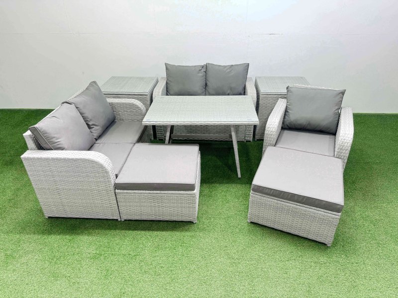 Fimous 7 Seater Outdoor Rattan Garden Furniture Set Love Sofa Reclining Chair Set with Rectangular Dining Table 2 Side Tables 2 Big Footstools Light Grey