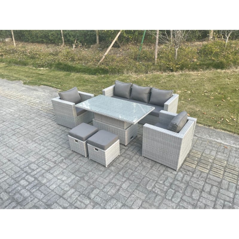 Fimous Rattan Garden Funiture Set Adjustable Rising Lifting Table Sofa Dining Set With 2 Arm Chair Stool