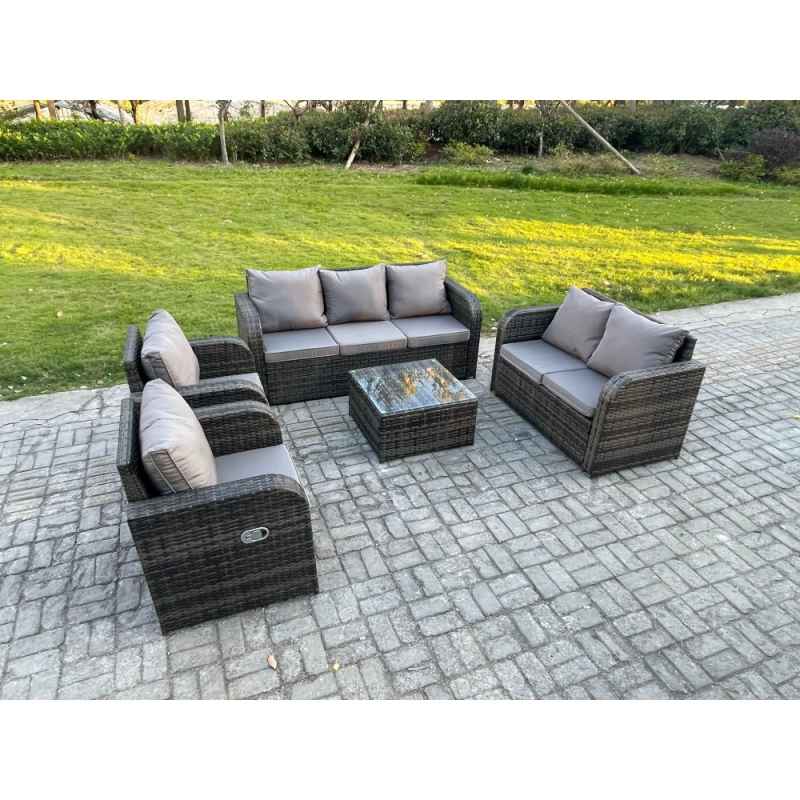 Fimous 7 Seater Garden Furniture Set Rattan Outdoor Lounge Sofa Chair With Tempered Glass Table Dark Grey Mixed