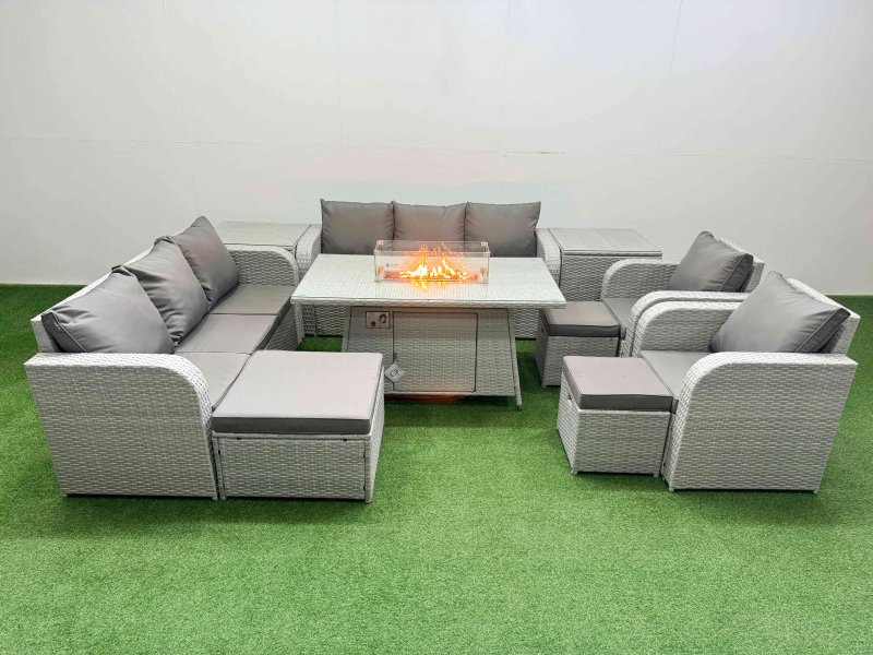 Fimous PE Rattan High Back Lounge Sofa Set Patio Firepit Dining Table & Chairs Set with 3 Seater Sofa Reclining Chair 3 Stools 2 Side Table Light Grey