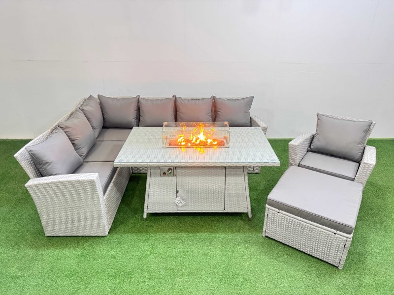 Fimous 8 Seat Rattan Garden Furniture Corner Sofa Set Outdoor Gas Fire Pit Table Sets with Big Footstool Light Grey