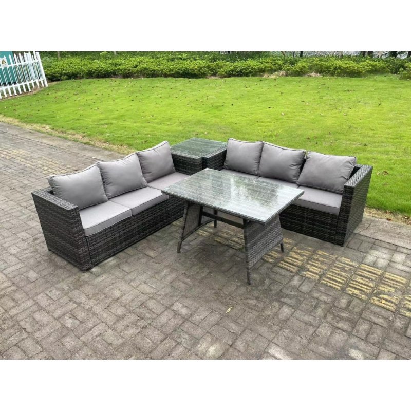 Fimous 6 Seater Wicker PE Rattan Garden Dining Set Outdoor Furniture Sofa with Side Table Dining Table Dark Grey Mixed