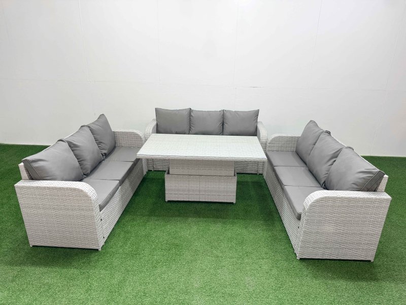Fimous PE Rattan Lounge Sofa Set 9 Seater Outdoor Garden Furniture Set with Adjustable Lifting Dining or Coffee Table 3 Seater Sofa Light Grey
