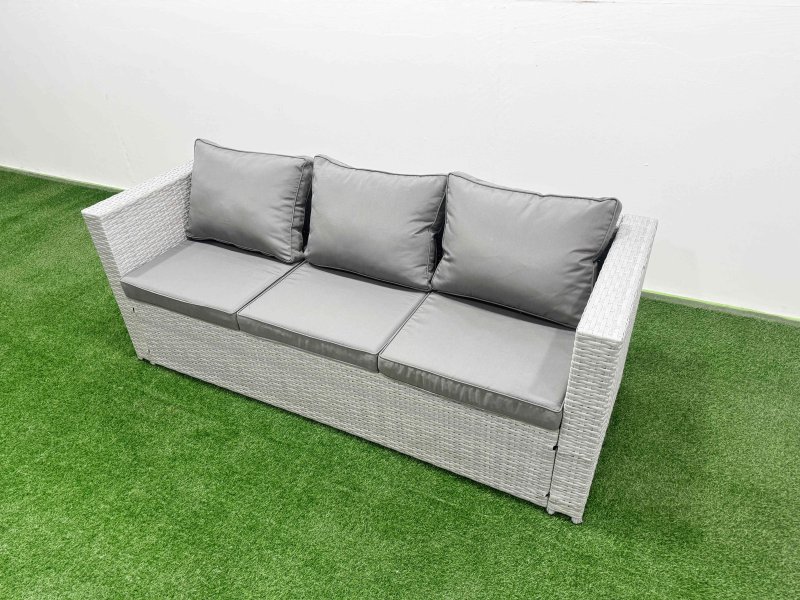Fimous PE Rattan Lounge Sofa Set Outdoor Garden Furniture Set with Firepit Dining Table 3 Seater Sofa Light Grey