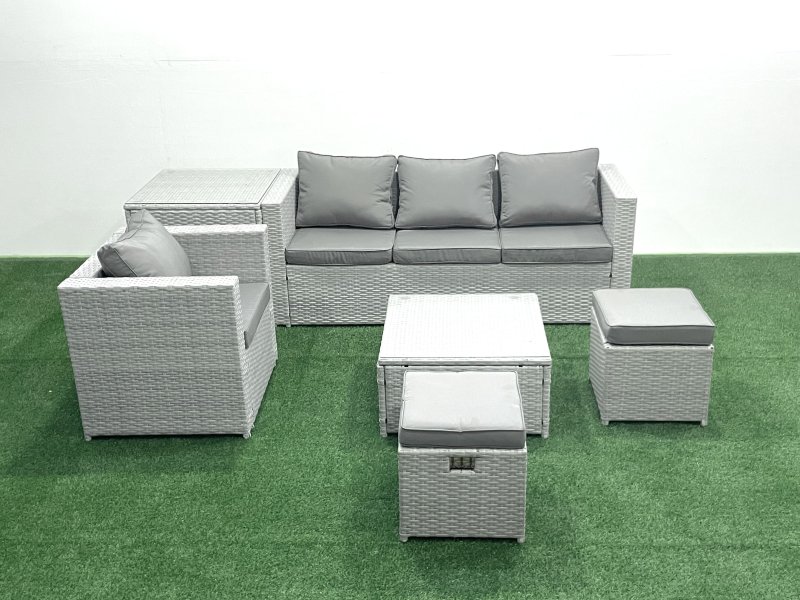 Fimous Garden Outdoor Furniture Set 6 Seater Rattan Sofa Set with 2 Small Footstools Armchair Side Table Light Grey Mixed