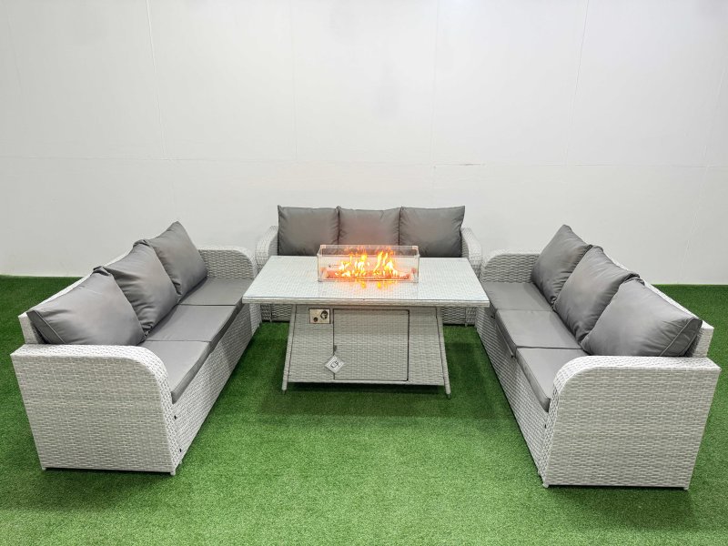 Fimous PE Rattan Lounge Sofa Set 9 Seater Outdoor Garden Furniture Set with Firepit Dining Table 3 Seater Sofa Light Grey