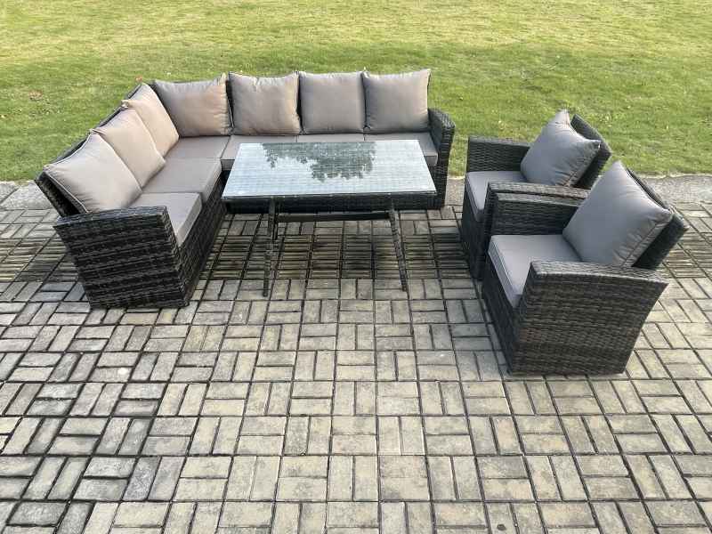 Fimous High Back Outdoor Garden Furniture Set Rattan Corner Sofa Dining Table Set With 2 Armchairs 8 Seater Dark Grey Mixed
