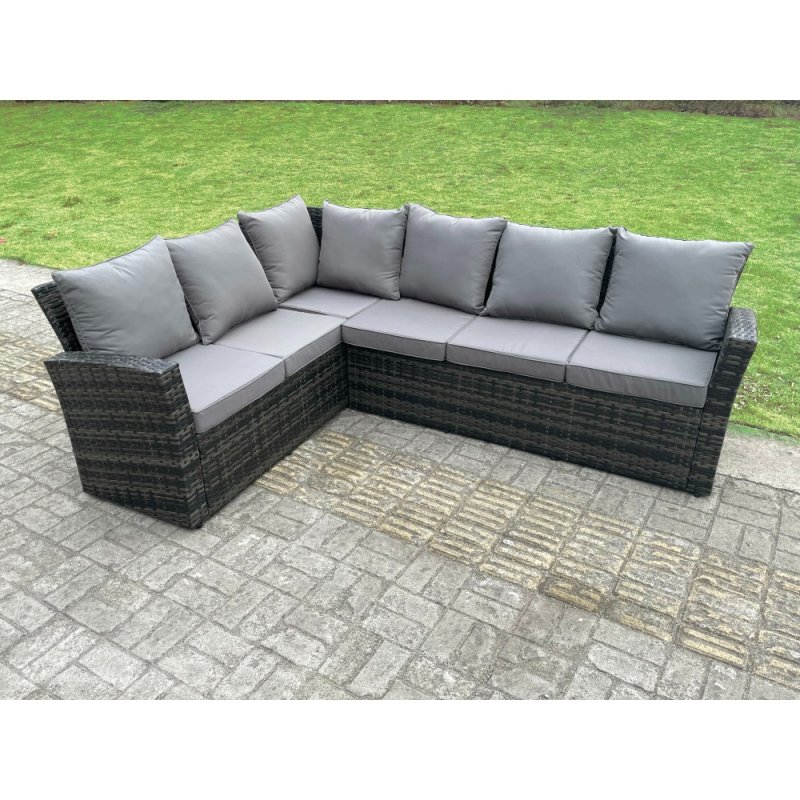 Fimous 8 Seater?Outdoor High Back Rattan Adjustable Rising Lifting Dining Table Corner Sofa Set Garden Furniture Set Dark Grey Mixed Left Hand