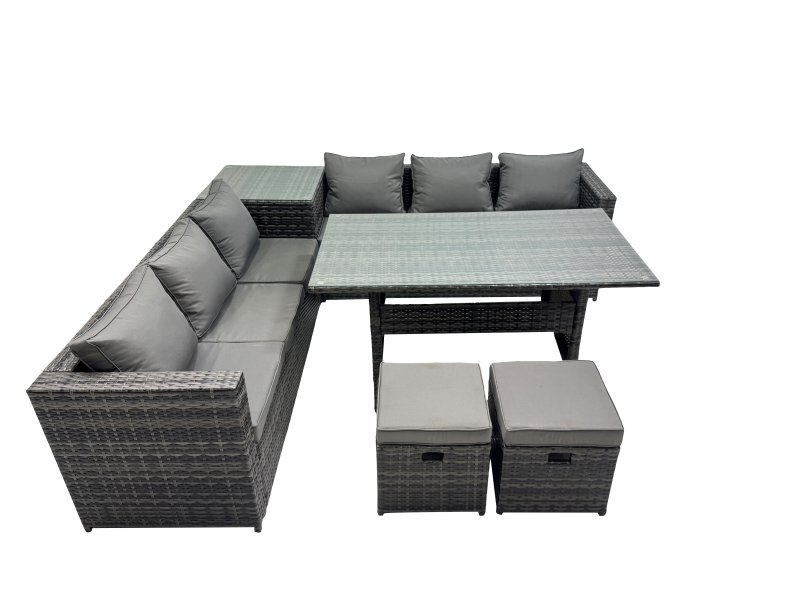 Fimous 8 Seater Outdoor Corner Sofa Dining Table Set Garden Rattan Furniture Set with Side Table 2 Small Stools Dark Grey