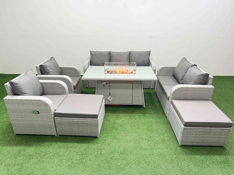 Fimous PE Rattan Garden Furniture Set Reclining Chair Sofa Double Love Seat 2 Seater Sofa Lounge Set Firepit Dining Table 2 Big Footstool Light Grey