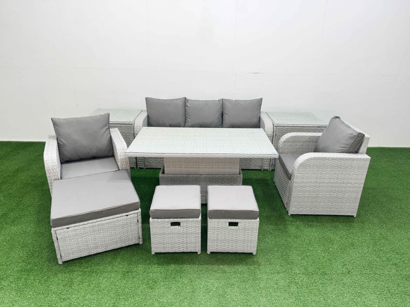 Fimous PE Rattan Garden Furniture Set Reclining Chair Sofa Lounge Sofa Set Adjustable Lifting Dining or Coffee Table 2 Side Table 3 Stools Light Grey