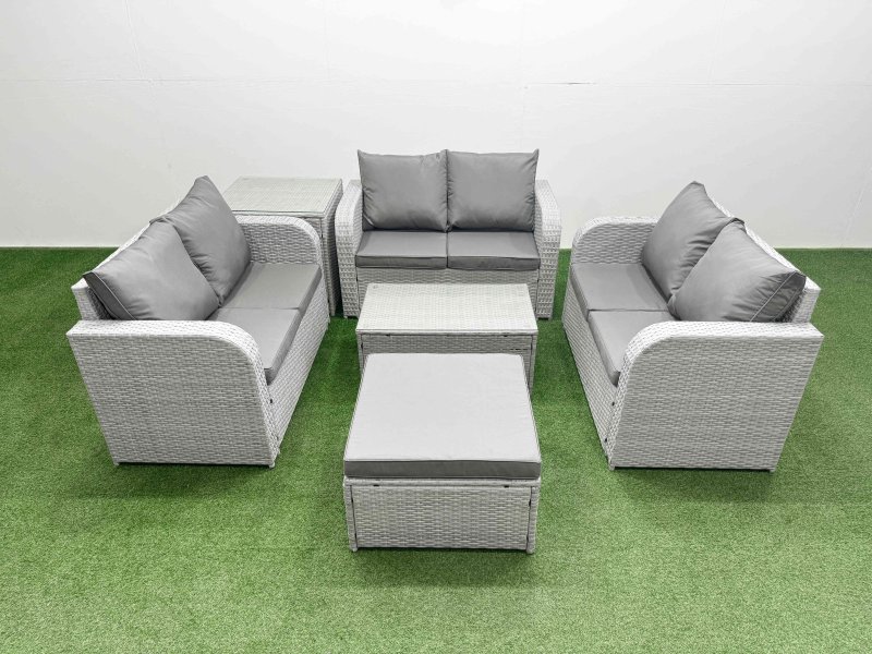 Fimous 7 Seater PE Wicker Rattan Furniture Sofa Sets with Rectangular Coffee Table 2 Seater Love Sofa Big Footstool Side Table Light Grey