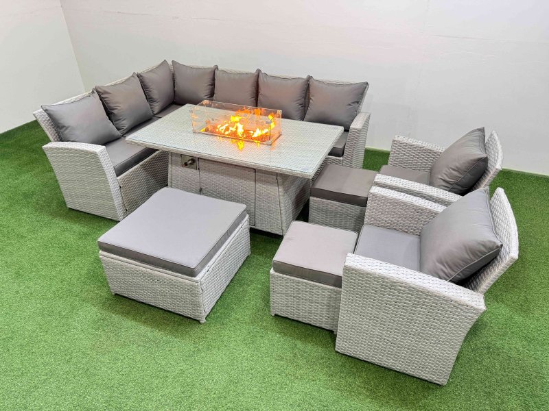 Fimous Rattan Corner Sofa Chair Set Outdoor Furniture Garden Dining Sets Gas Fire Pit Table with Temper Glass 3 Footstools Light Grey Mixed