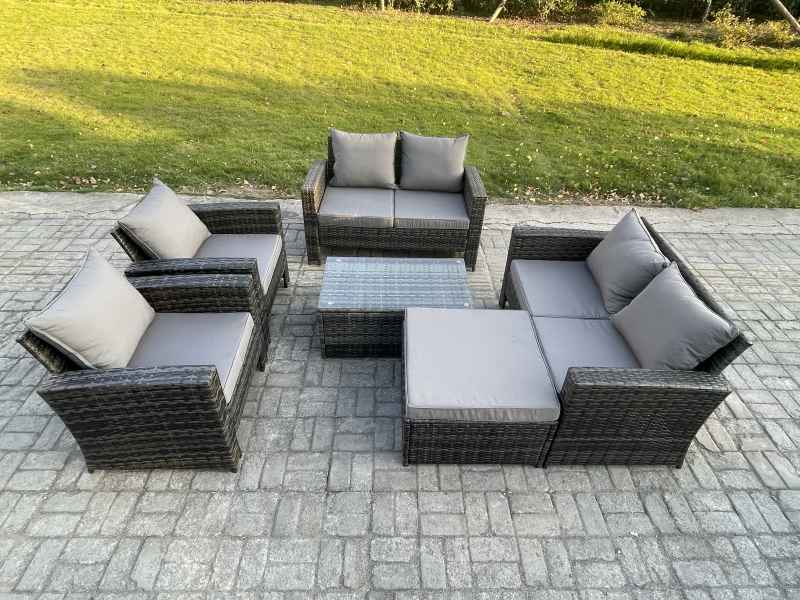 Fimous Garden Furniture Sets 6 Pieces Outdoor Rattan Furniture Manual Wicker Patio Sofa Chair Set with Coffee Table Big Footstool Dark Grey Mixed