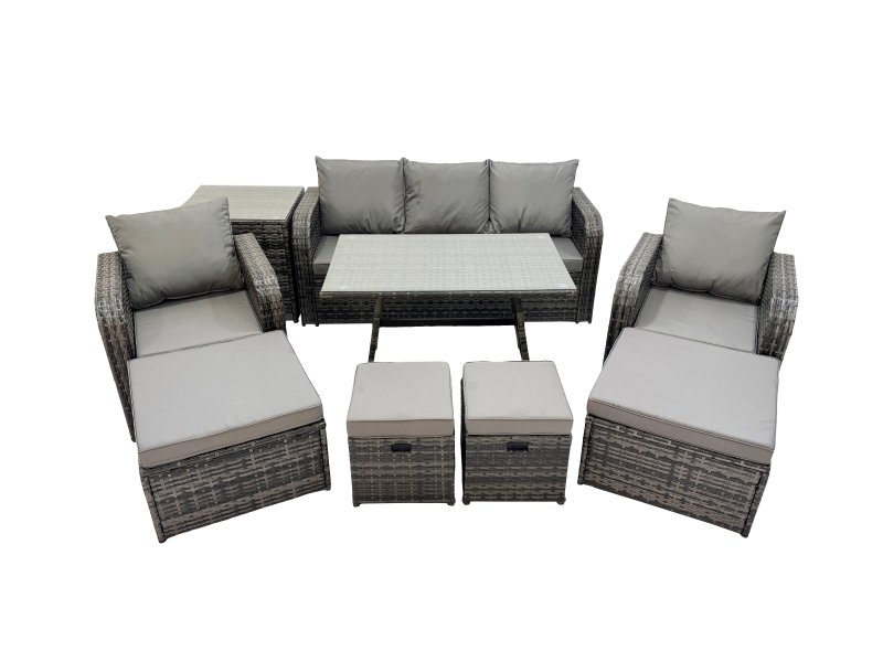 Fimous Garden Rattan Outdoor Furniture Set 9 Seater with 3 Seater Sofa Side Table 2 Big Stool 2 Small Stools Dark Grey